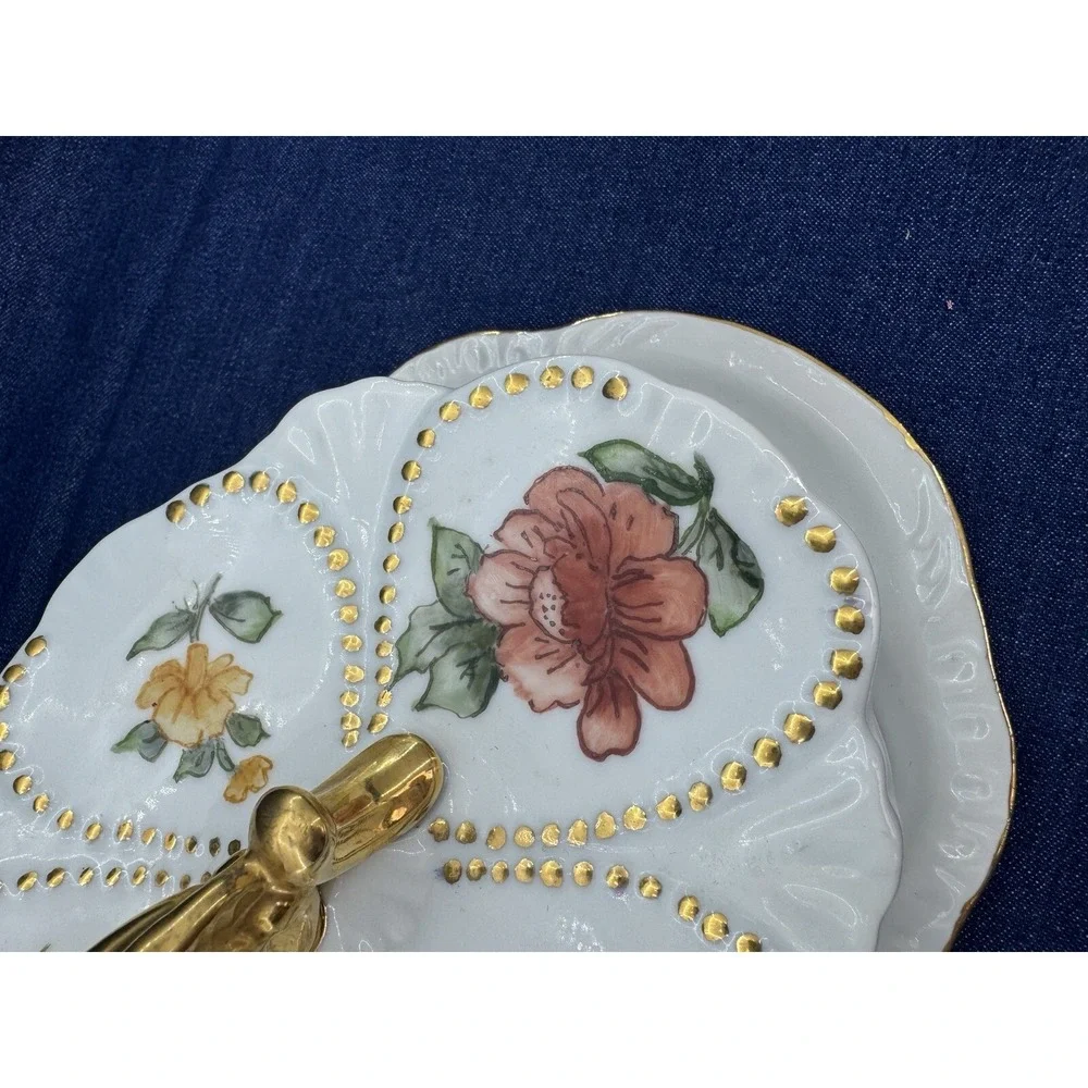 VTG Rare Covered Dish‎ & Knife Set Hand Painted Floral Signed Porcelain Ornate